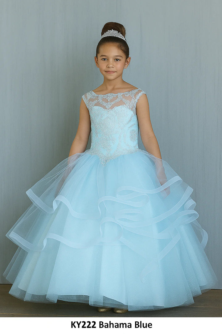 Girls Layered Long Lace Applique Dress by Calla KY-222