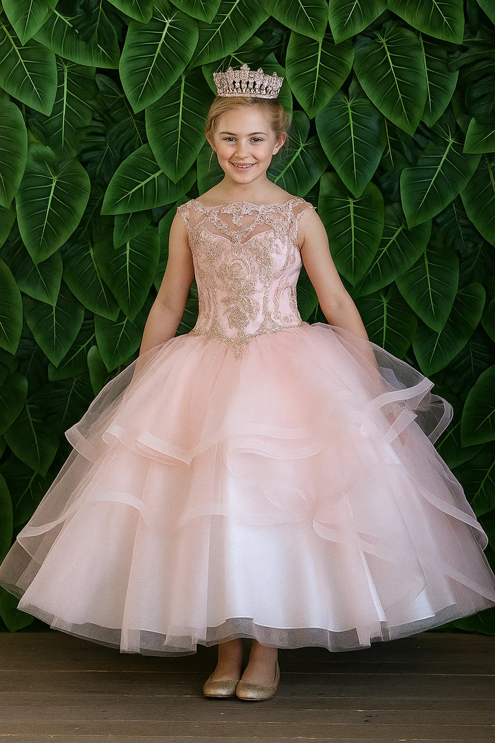 Girls Layered Long Lace Applique Dress by Calla KY-222