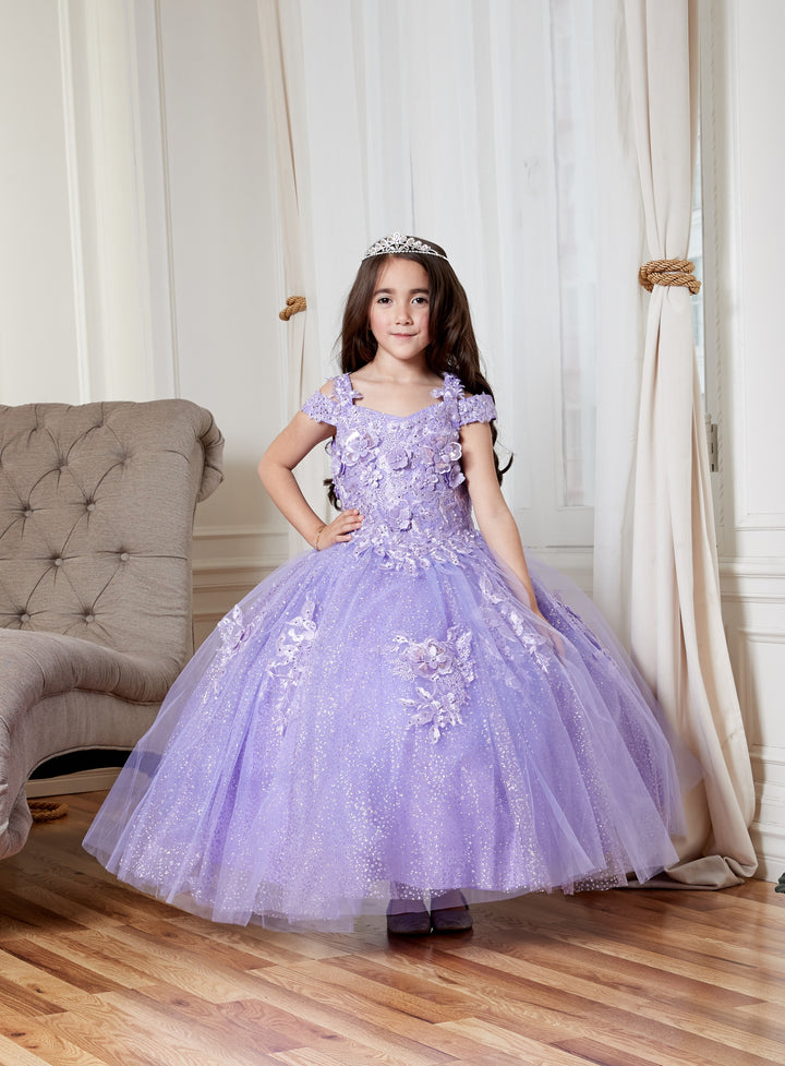 Girls 3D Floral Off Shoulder Glitter Gown by Calla KY234