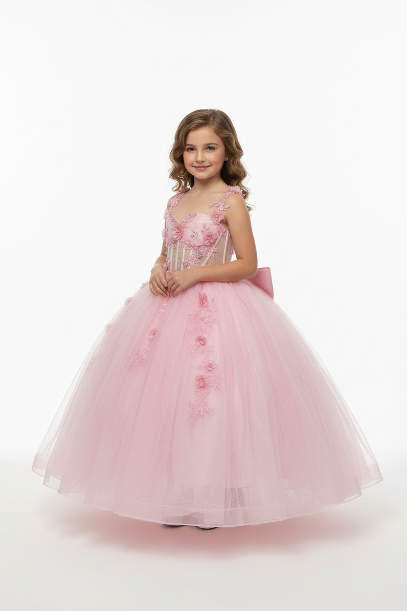 Girls 3D Floral Sheer Corset Gown by Calla SCK-328