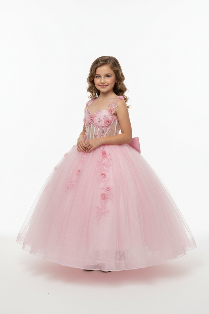 Girls 3D Floral Sheer Corset Gown by Calla SCK-328