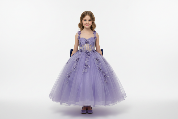 Girls 3D Floral Sheer Corset Gown by Calla SCK-328