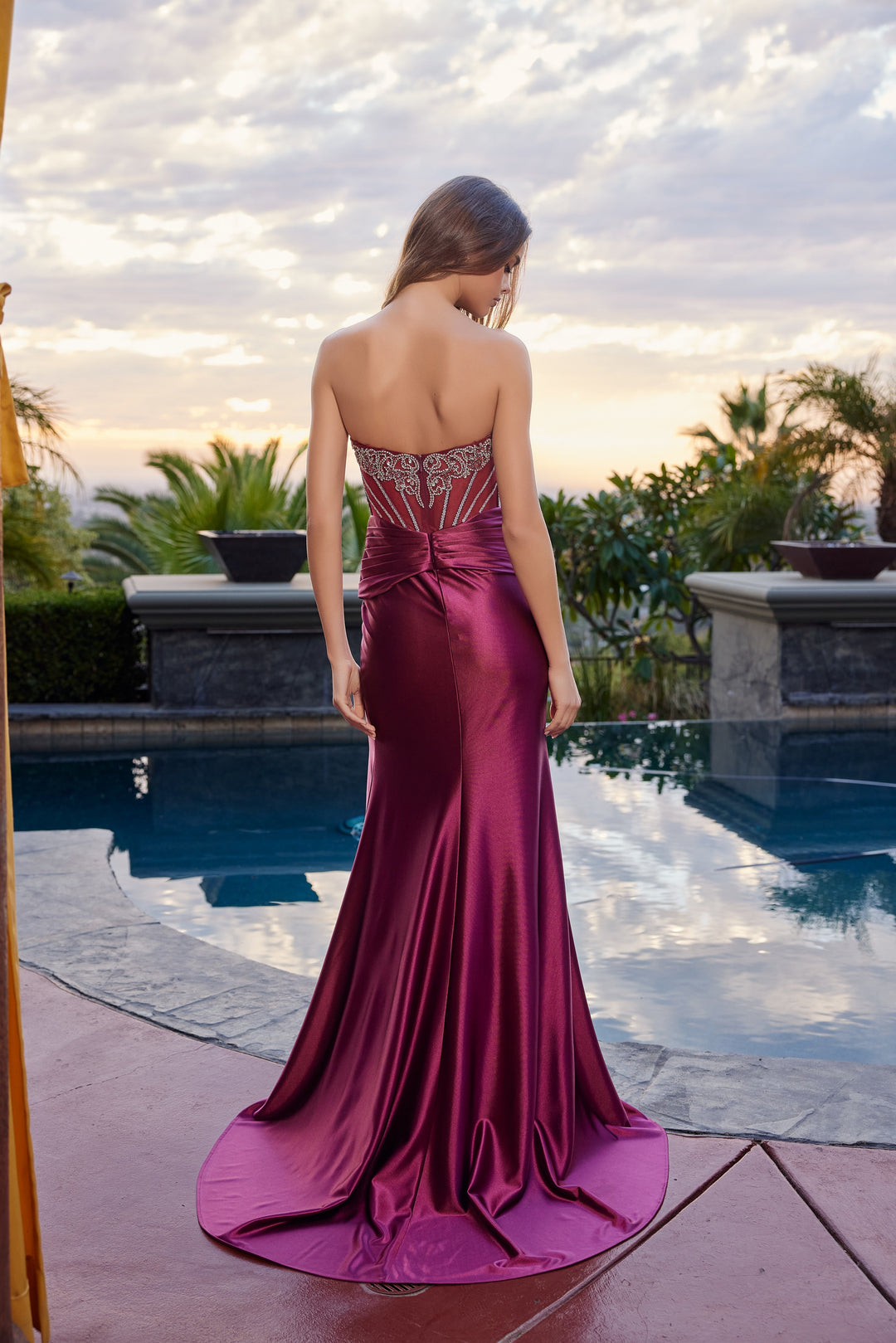 Beaded Satin Strapless Slit Gown by Nox Anabel L1771