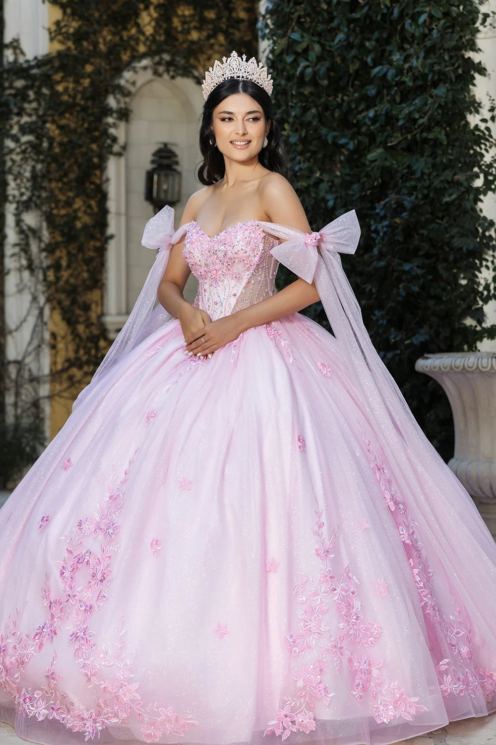 Applique Off Shoulder Ball Gown by May Queen LK263