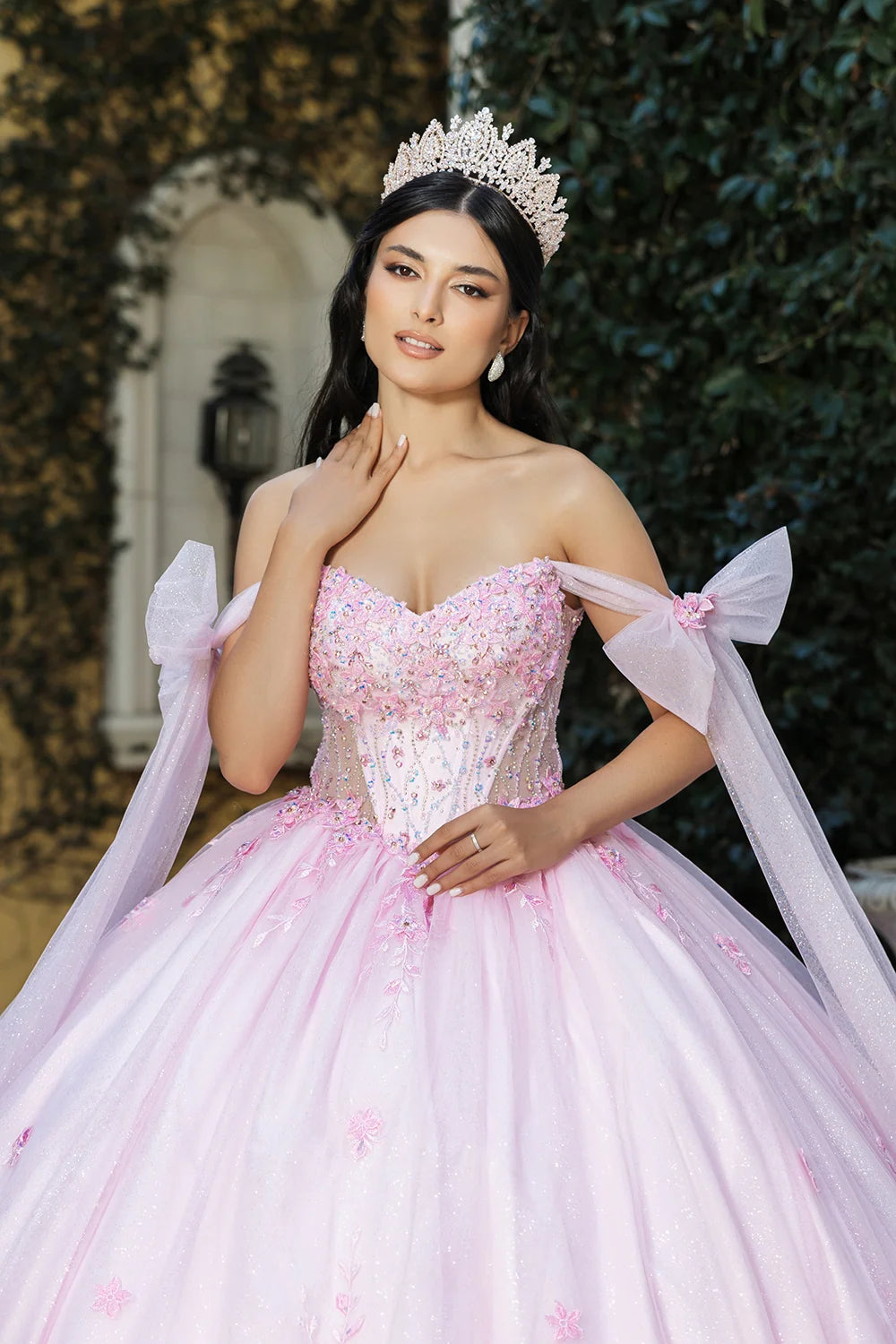Applique Off Shoulder Ball Gown by May Queen LK263