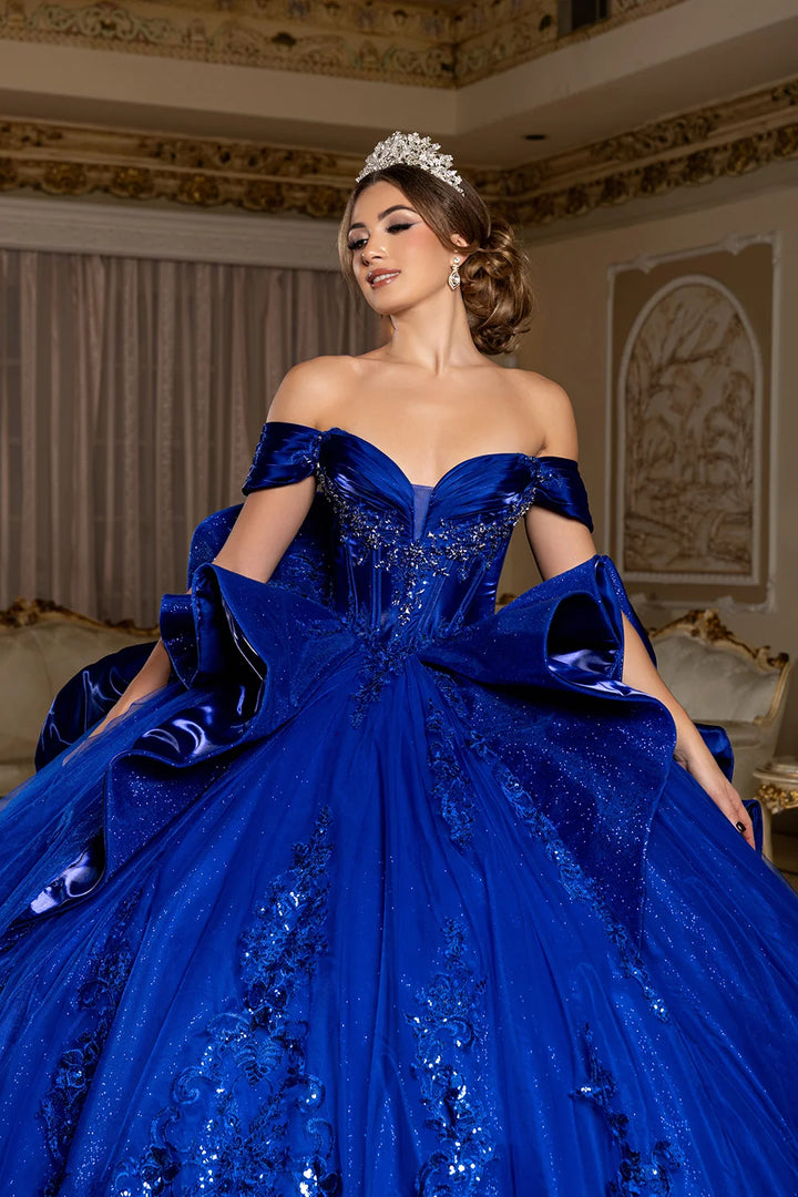 Off Shoulder Bow Ball Gown by May Queen LK297