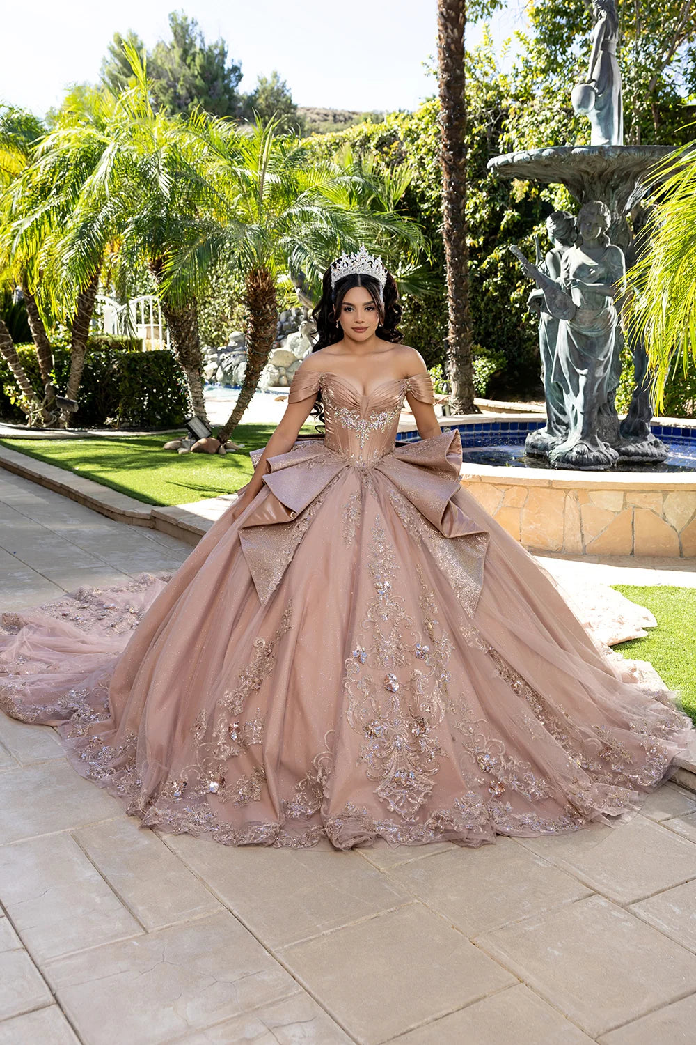 Off Shoulder Bow Ball Gown by May Queen LK297