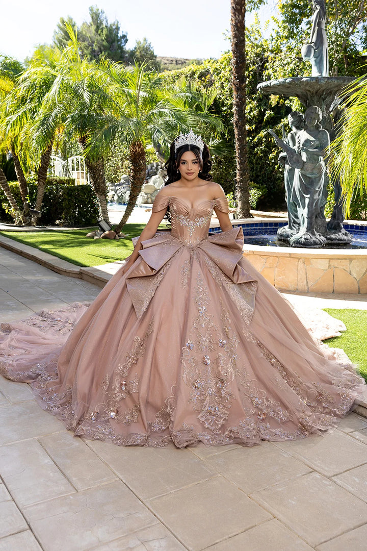 Off Shoulder Bow Ball Gown by May Queen LK297