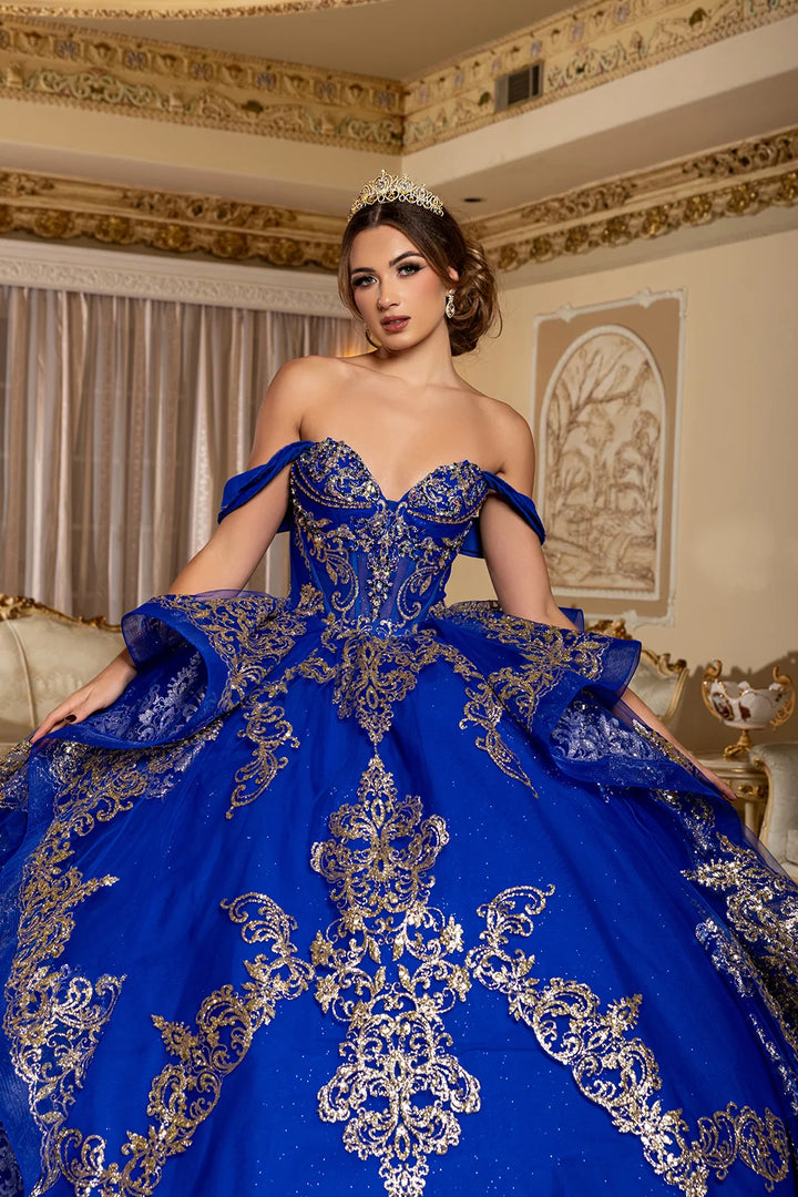 Off Shoulder Tiered Ball Gown by May Queen LK302