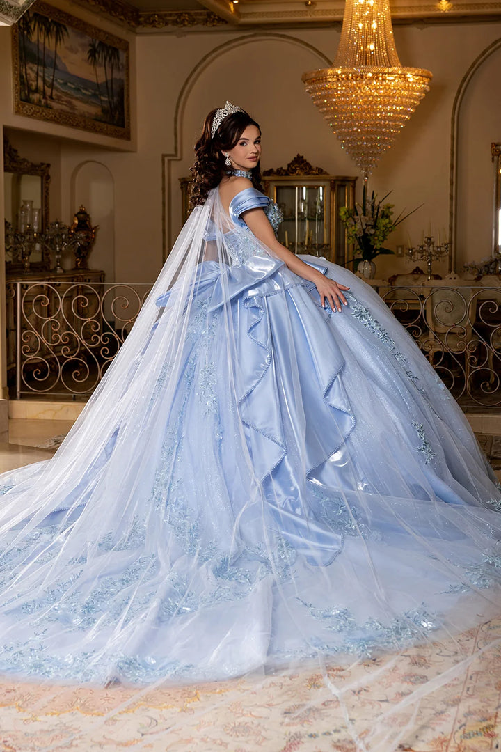 Off Shoulder Cape Ball Gown by May Queen LK305