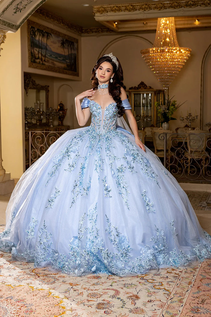 Off Shoulder Cape Ball Gown by May Queen LK305