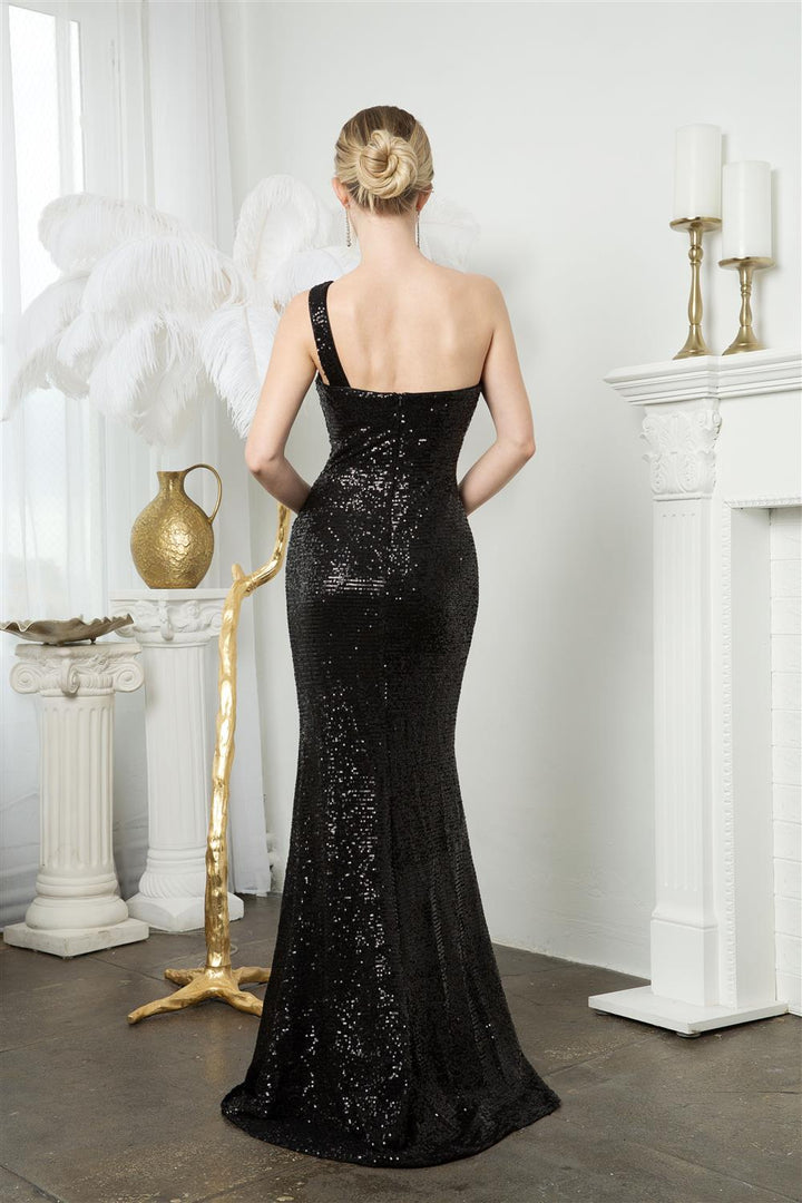 Fitted Sequin One Shoulder Slit Gown by Juno M1013