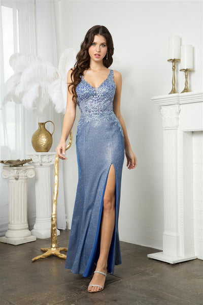 Fitted Embroidered Metallic Sleeveless Slit Gown by Juno M1017