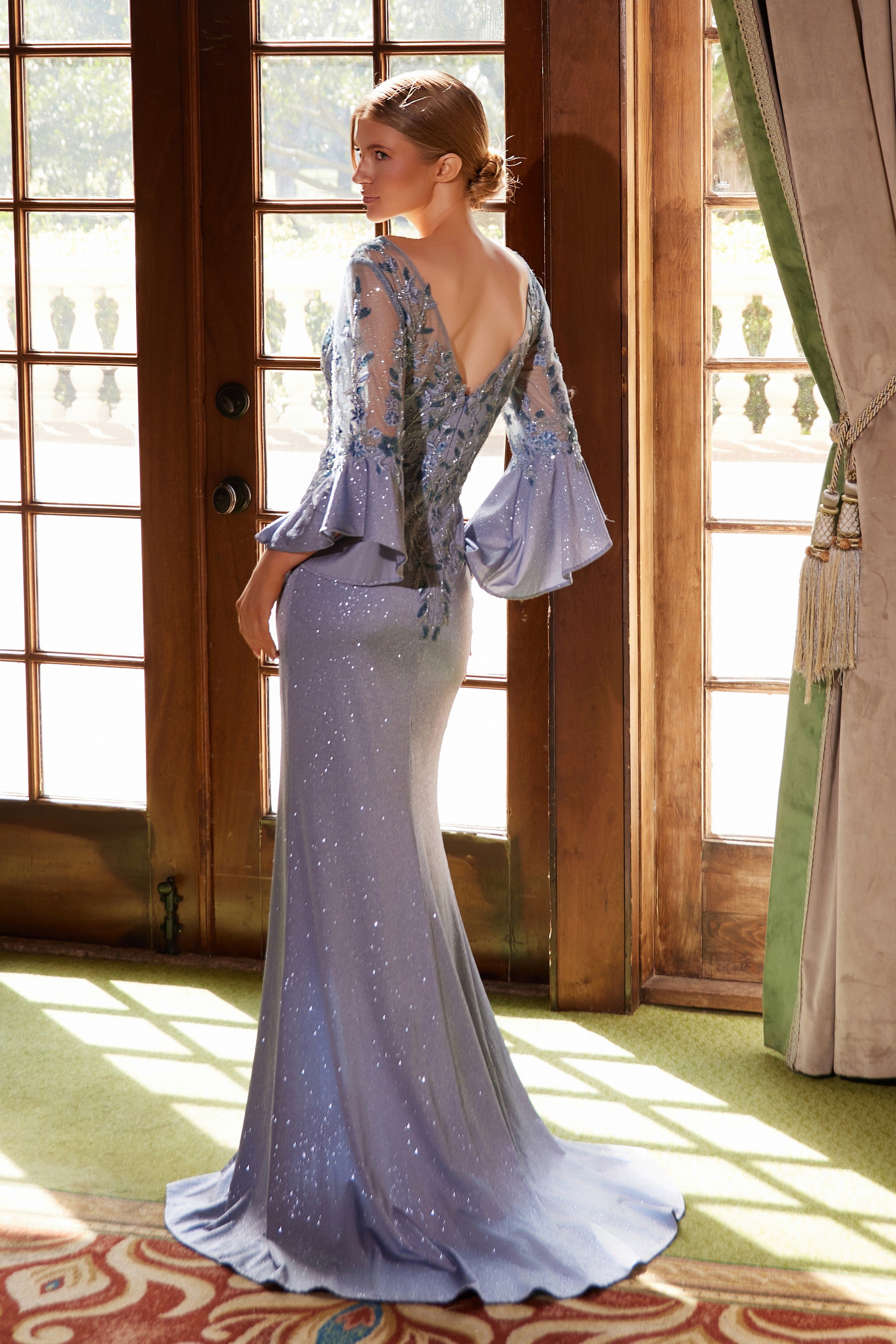 Applique Bell Sleeve Slit Gown by Nox Anabel MD129 – ABC Fashion