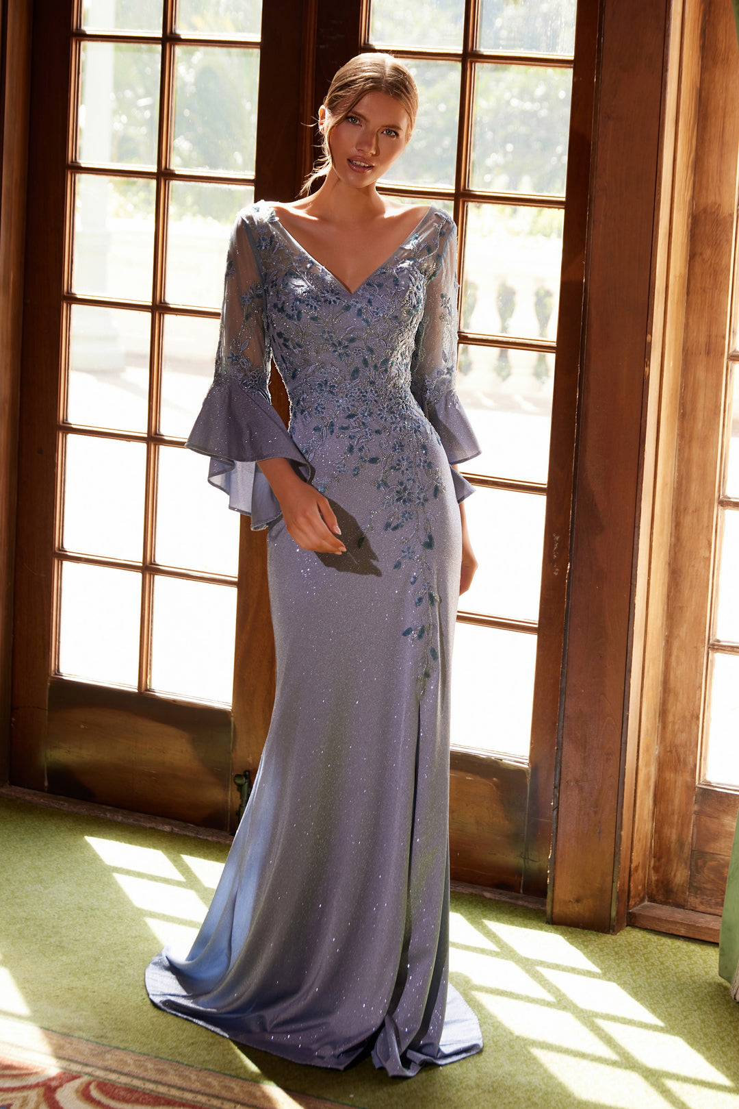 Applique Bell Sleeve Slit Gown by Nox Anabel MD129 - Outlet