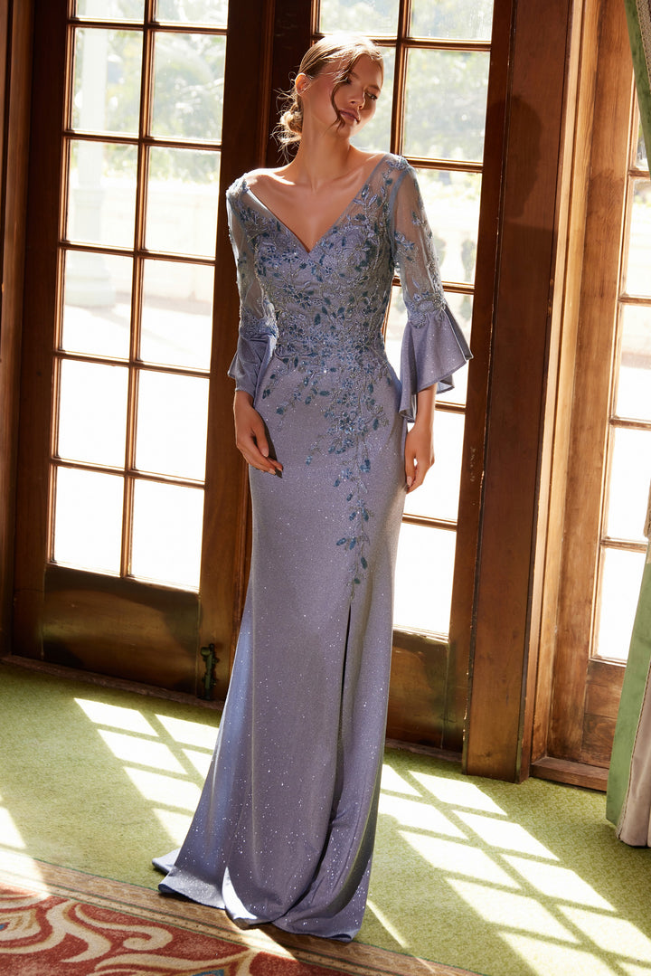 Applique Bell Sleeve Slit Gown by Nox Anabel MD129 - Outlet