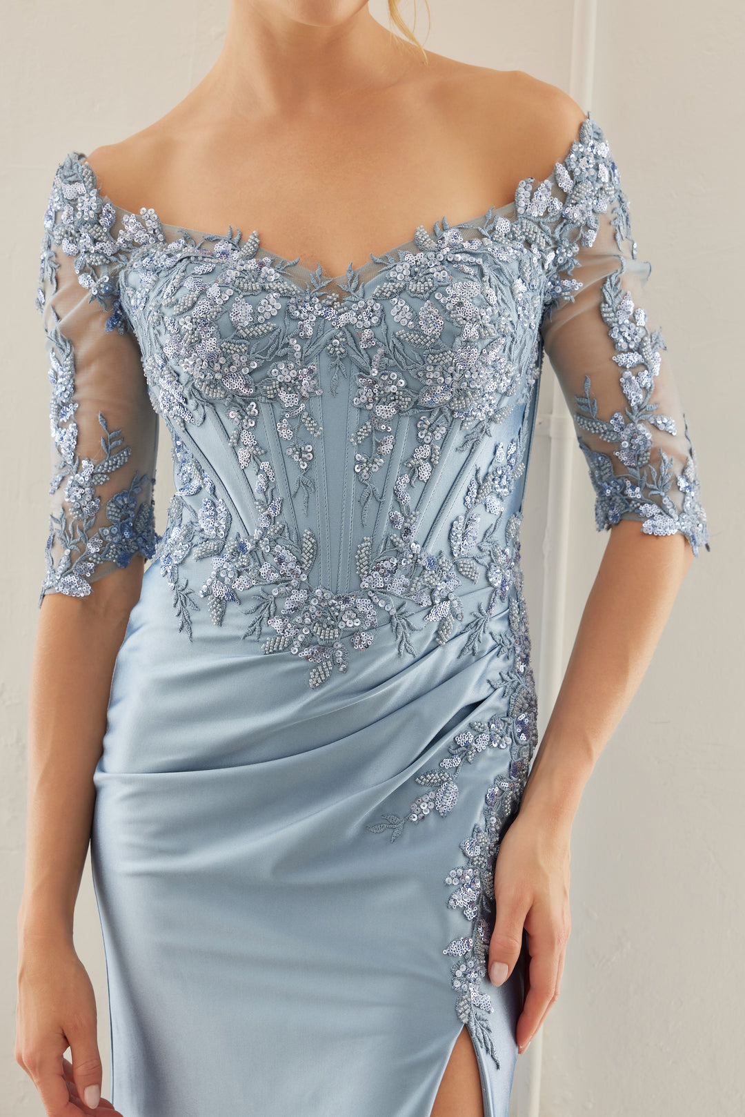 Beaded Mid-Sleeve Slit Gown by Nox Anabel MD156