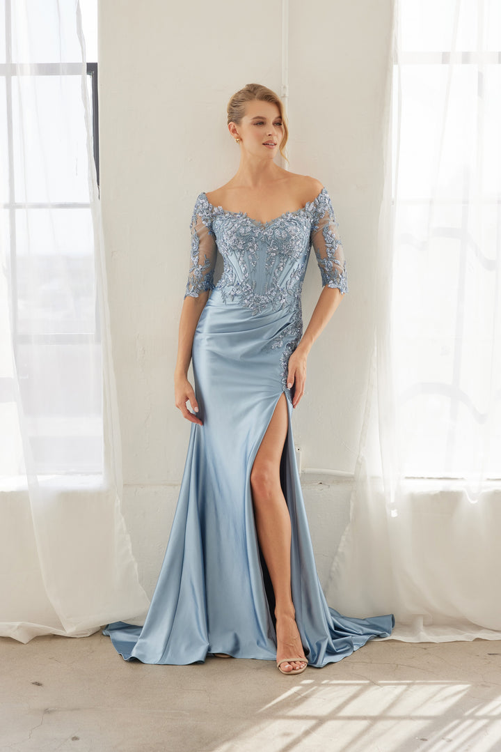 Beaded Mid-Sleeve Slit Gown by Nox Anabel MD156