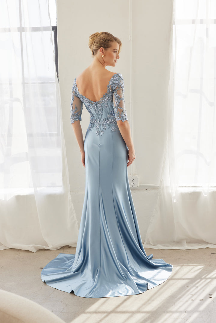 Beaded Mid-Sleeve Slit Gown by Nox Anabel MD156