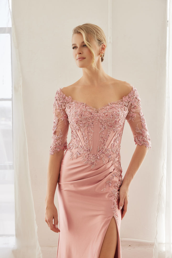 Beaded Mid-Sleeve Slit Gown by Nox Anabel MD156