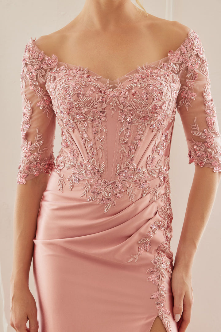 Beaded Mid-Sleeve Slit Gown by Nox Anabel MD156