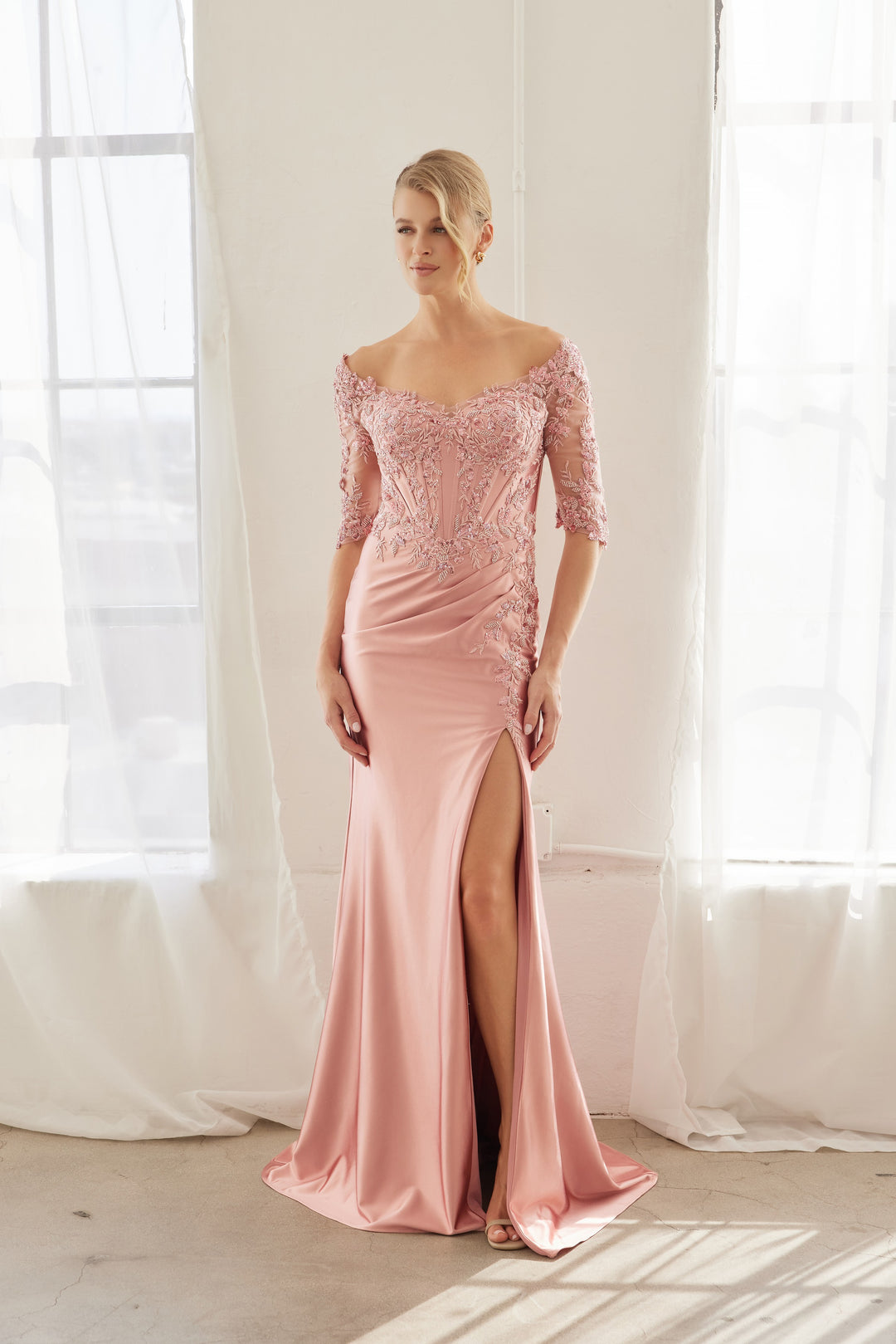 Beaded Mid-Sleeve Slit Gown by Nox Anabel MD156