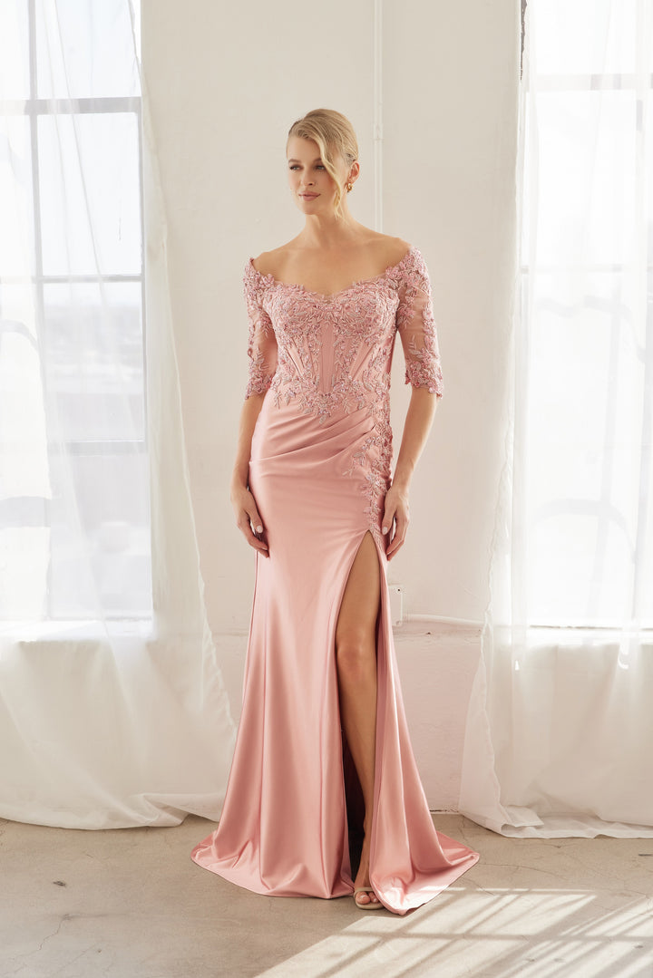Beaded Mid-Sleeve Slit Gown by Nox Anabel MD156