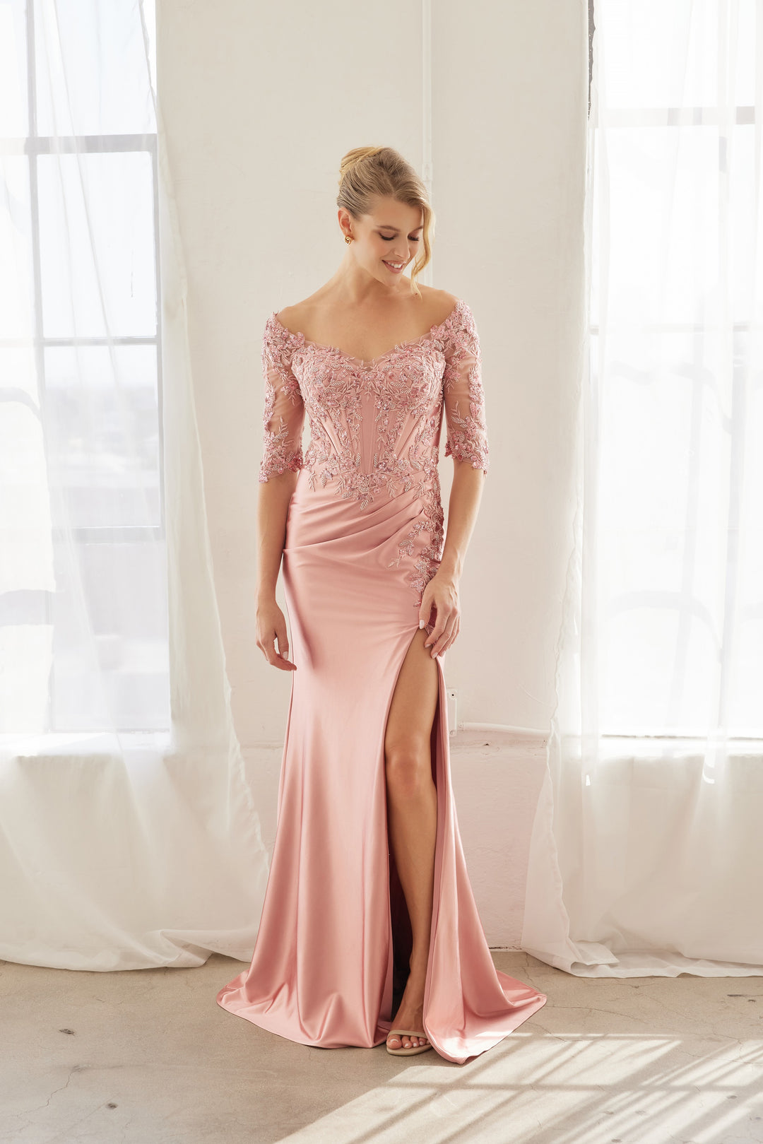 Beaded Mid-Sleeve Slit Gown by Nox Anabel MD156
