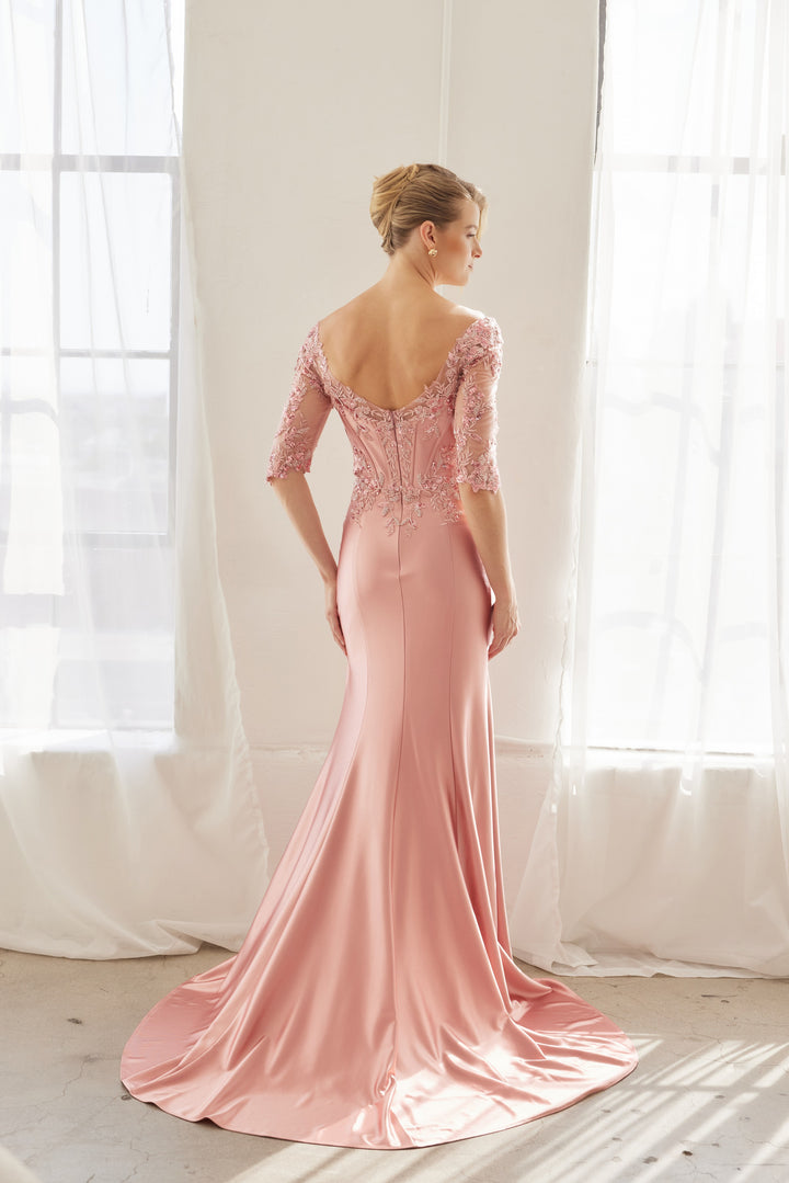 Beaded Mid-Sleeve Slit Gown by Nox Anabel MD156