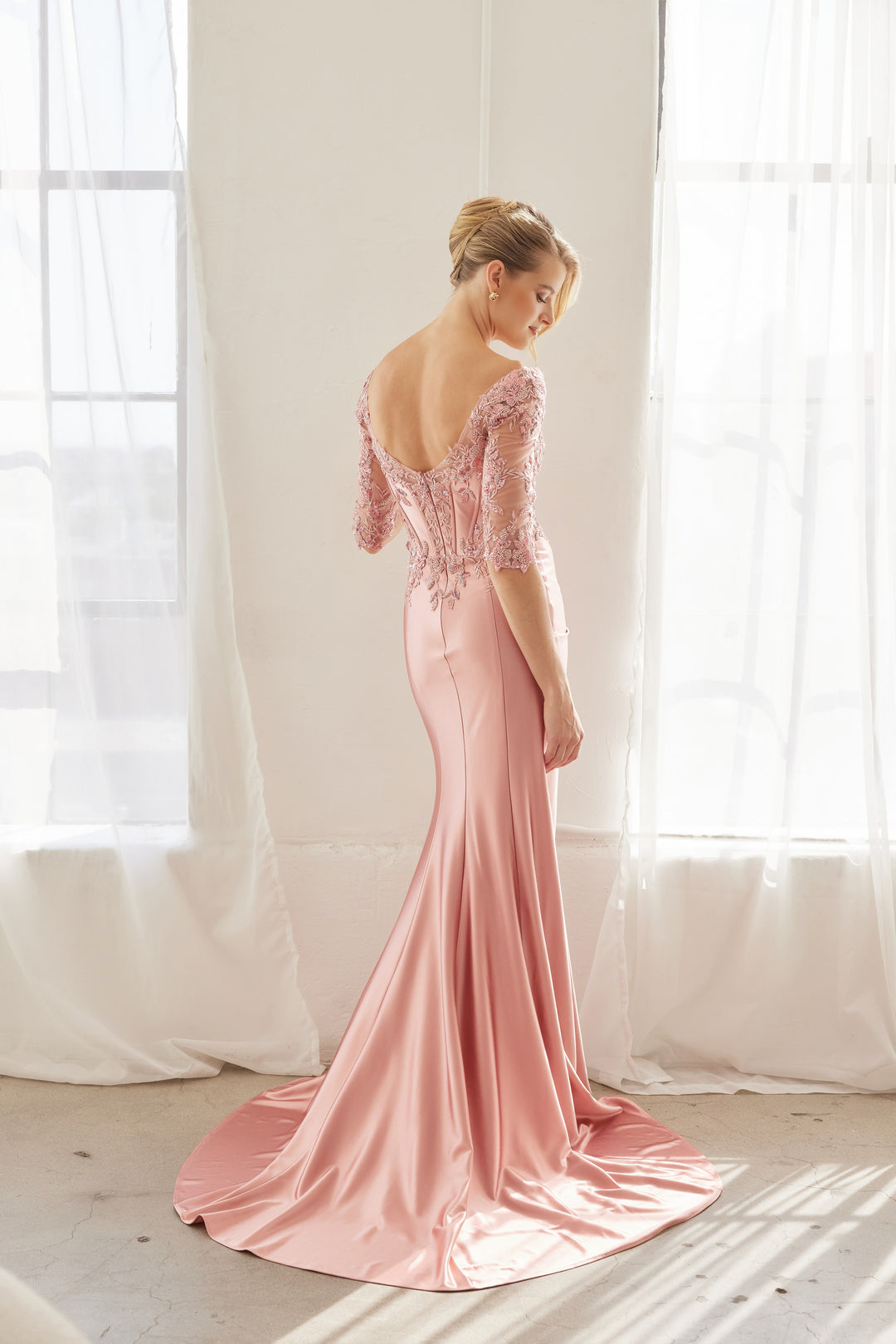 Beaded Mid-Sleeve Slit Gown by Nox Anabel MD156
