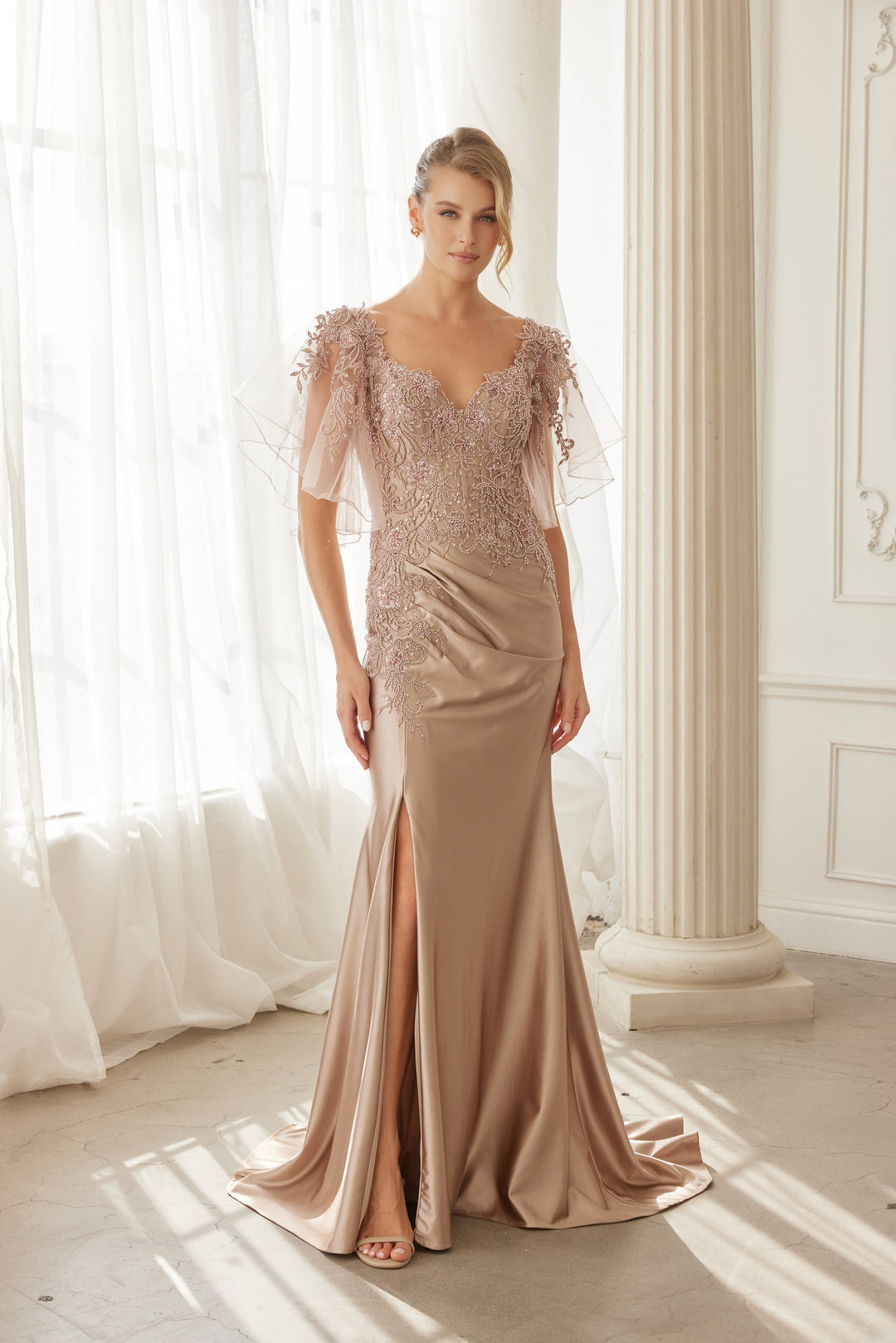 Beaded Flutter Sleeve Slit Gown by Nox Anabel ME148