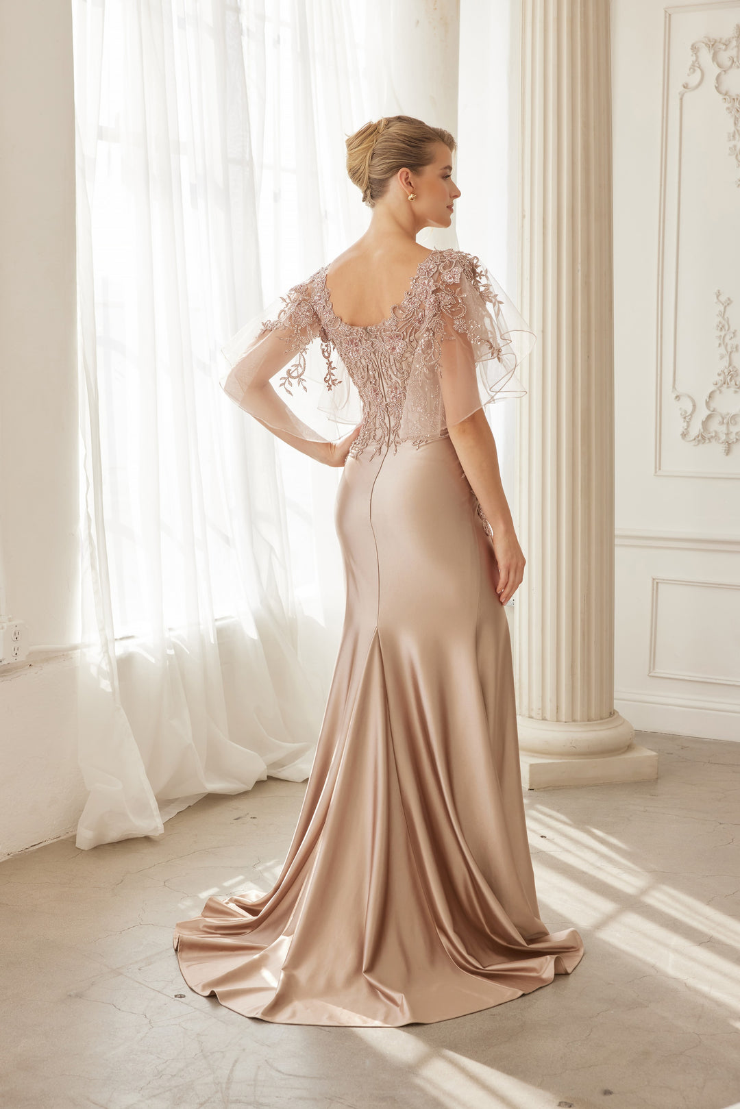 Beaded Flutter Sleeve Slit Gown by Nox Anabel ME148