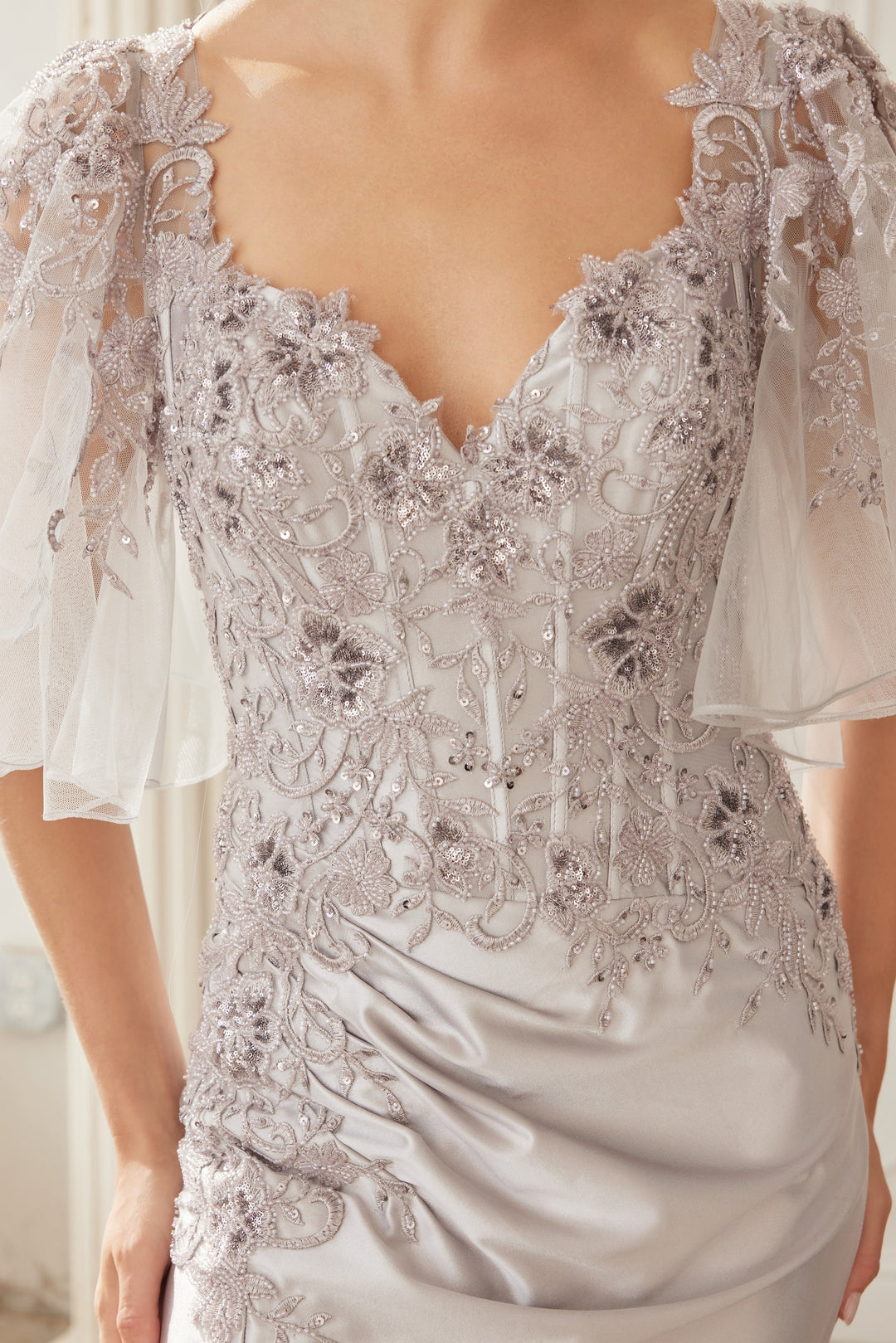 Beaded Flutter Sleeve Slit Gown by Nox Anabel ME148