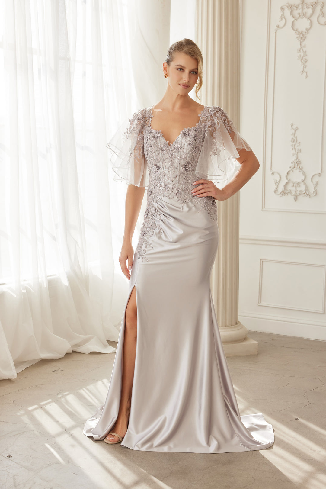 Beaded Flutter Sleeve Slit Gown by Nox Anabel ME148