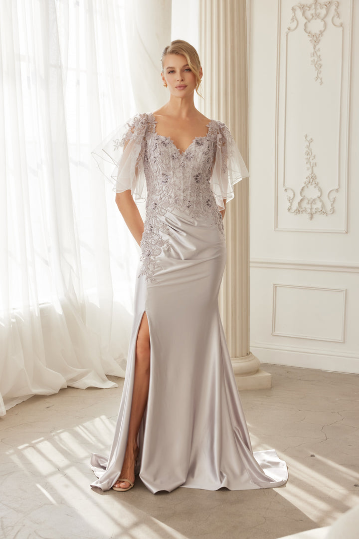 Beaded Flutter Sleeve Slit Gown by Nox Anabel ME148