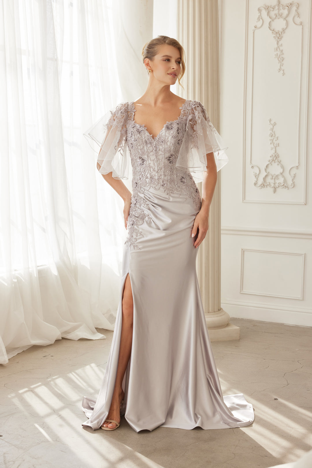 Beaded Flutter Sleeve Slit Gown by Nox Anabel ME148