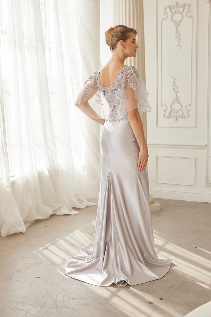 Beaded Flutter Sleeve Slit Gown by Nox Anabel ME148