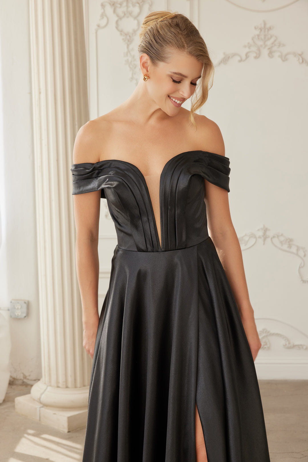 Satin Off Shoulder A-line Slit Gown by Nox Anabel ME150