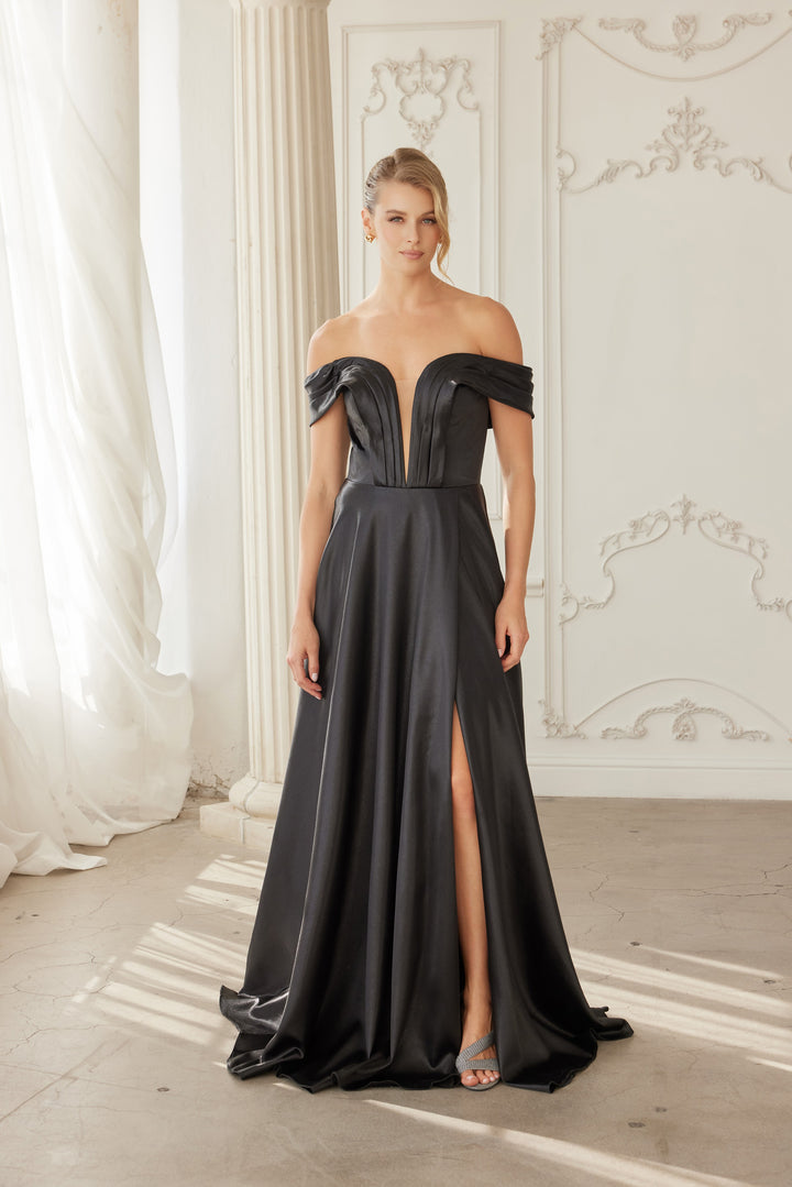 Satin Off Shoulder A-line Slit Gown by Nox Anabel ME150