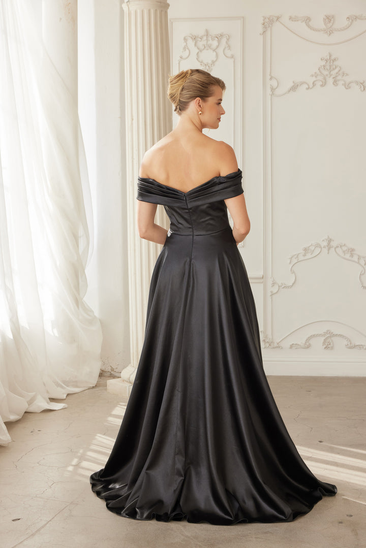 Satin Off Shoulder A-line Slit Gown by Nox Anabel ME150