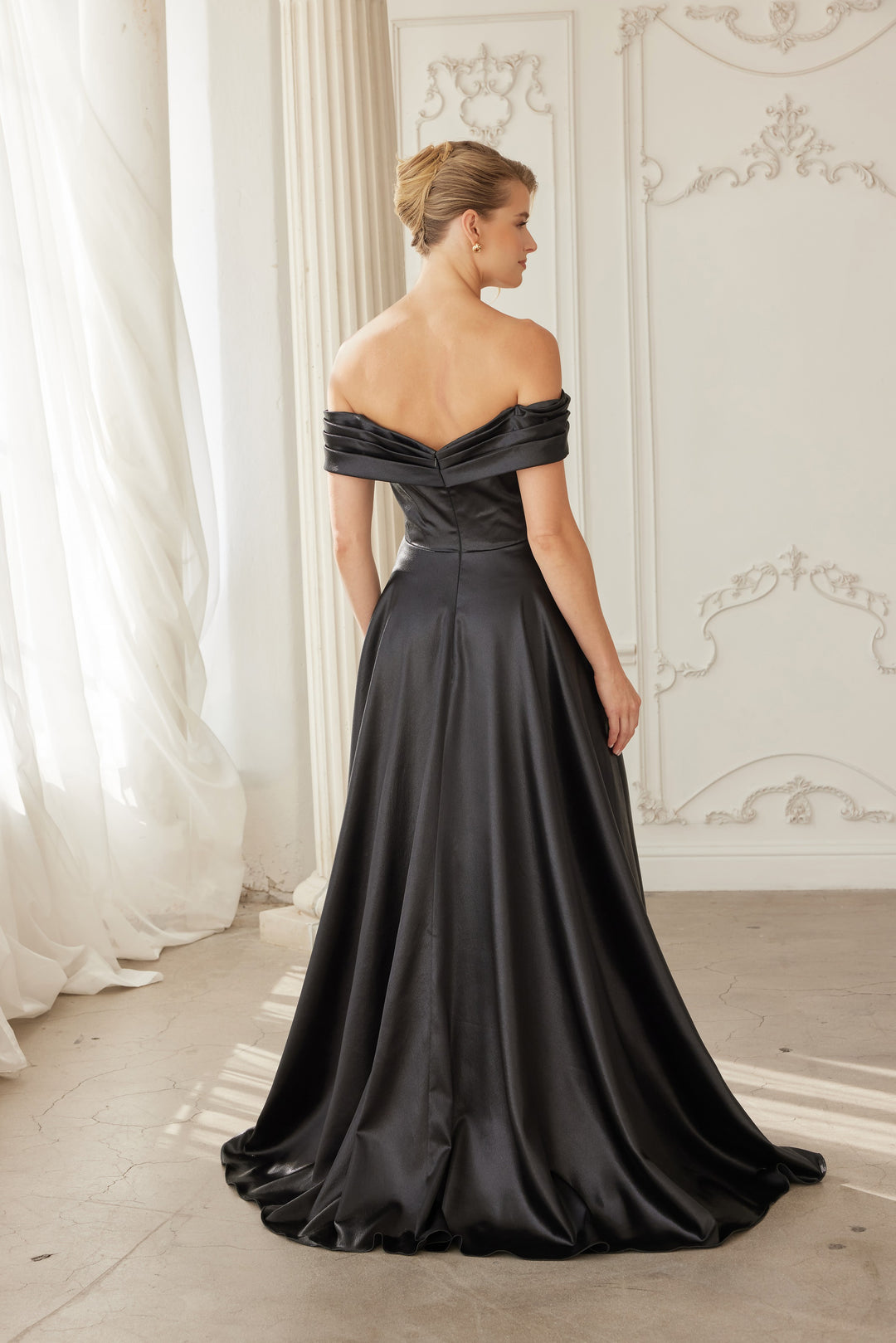 Satin Off Shoulder A-line Slit Gown by Nox Anabel ME150