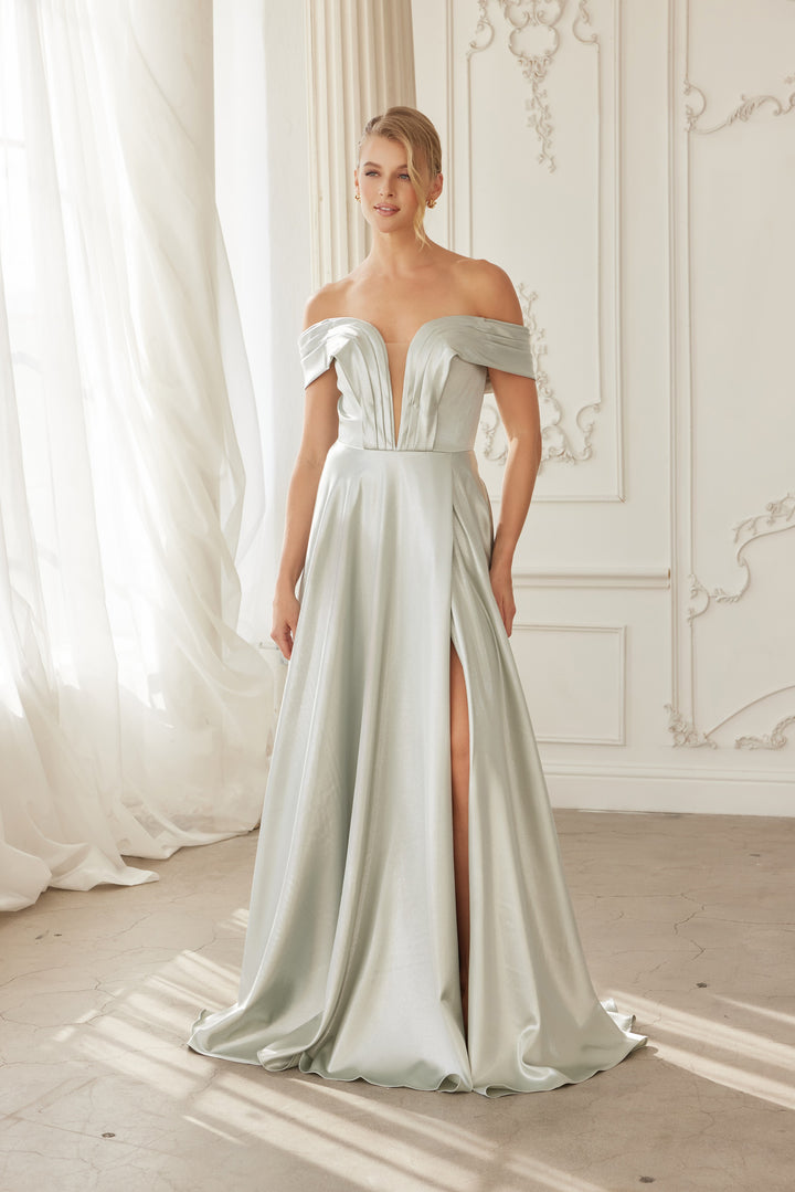 Satin Off Shoulder A-line Slit Gown by Nox Anabel ME150