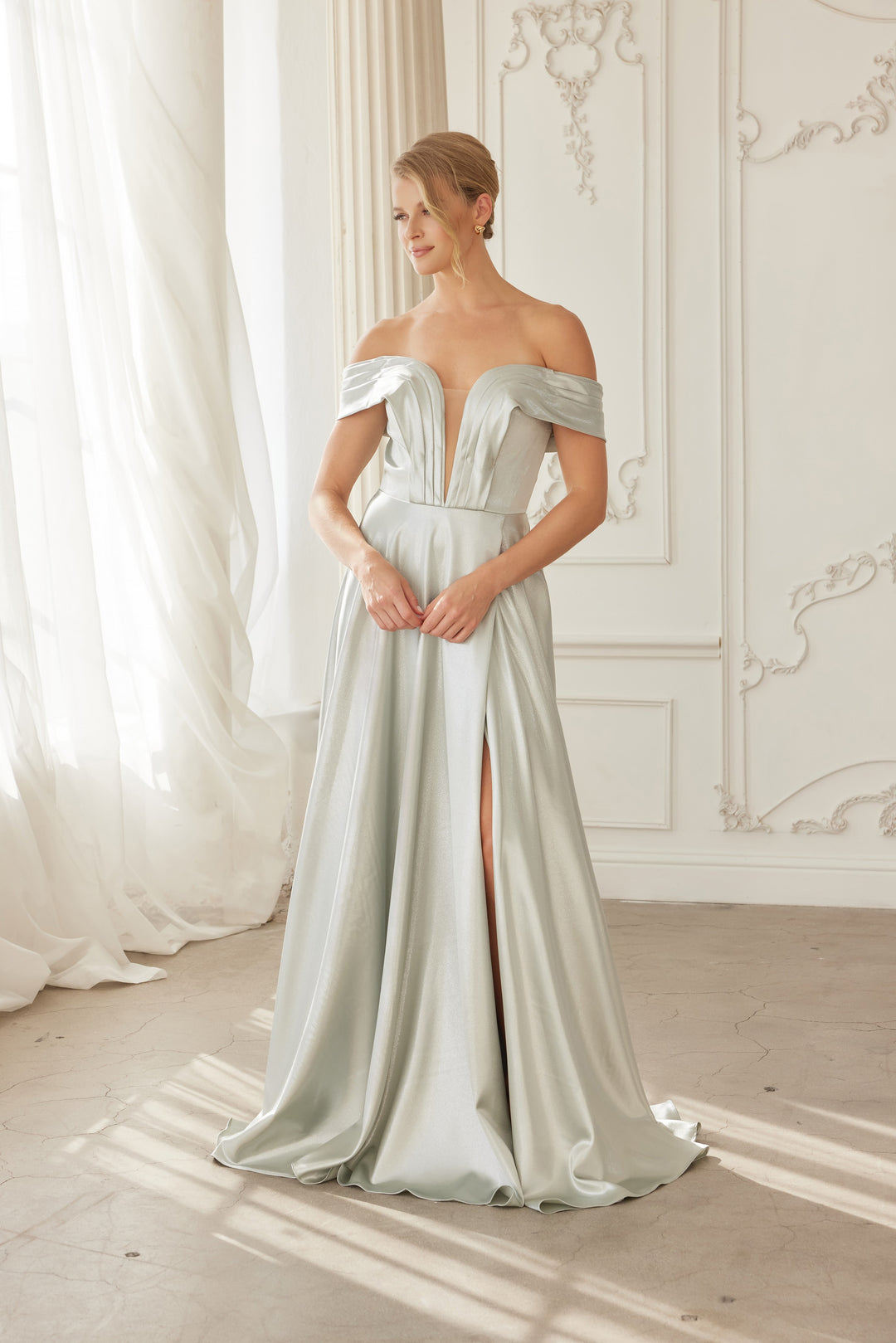 Satin Off Shoulder A-line Slit Gown by Nox Anabel ME150