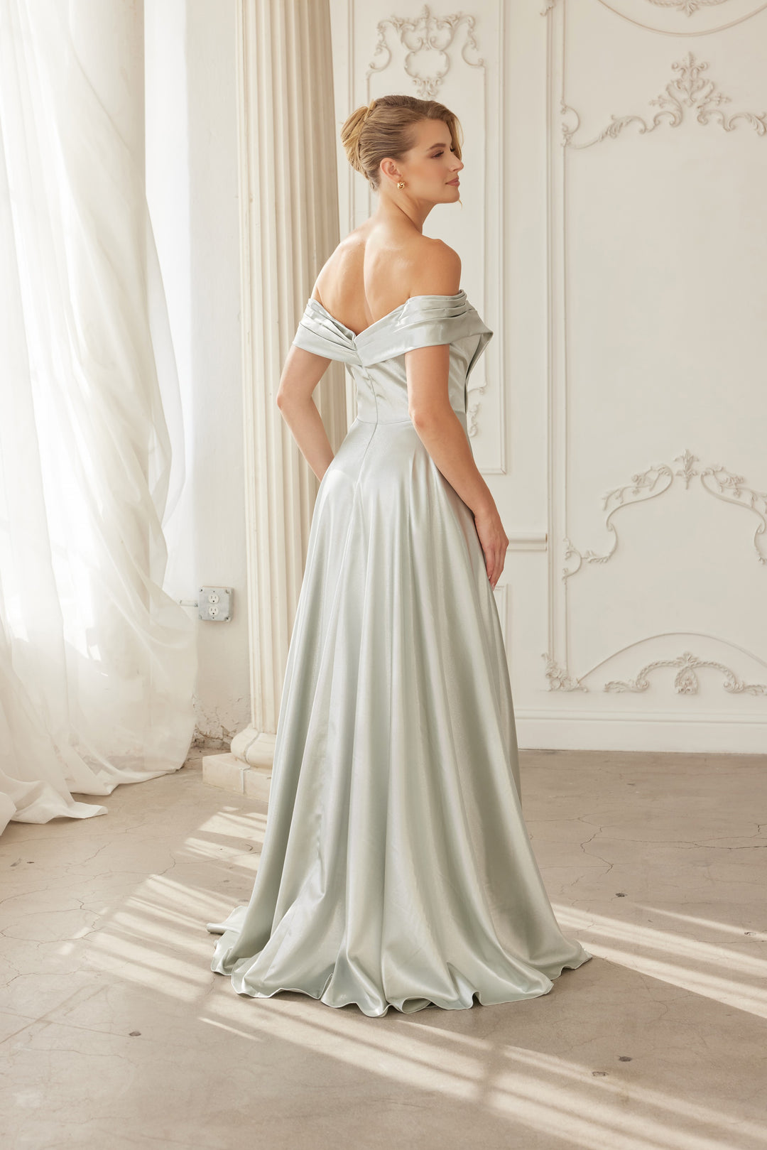 Satin Off Shoulder A-line Slit Gown by Nox Anabel ME150