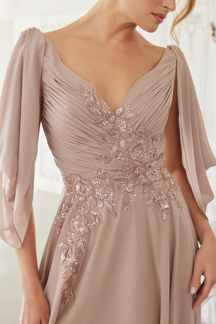 Chiffon 3/4 Sleeve A-line Slit Gown by Nox Anabel ME151