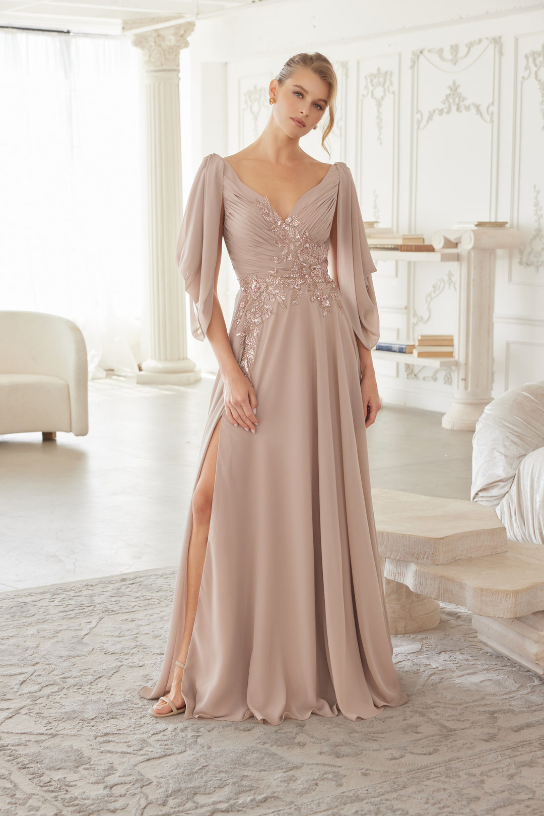 Chiffon 3/4 Sleeve A-line Slit Gown by Nox Anabel ME151