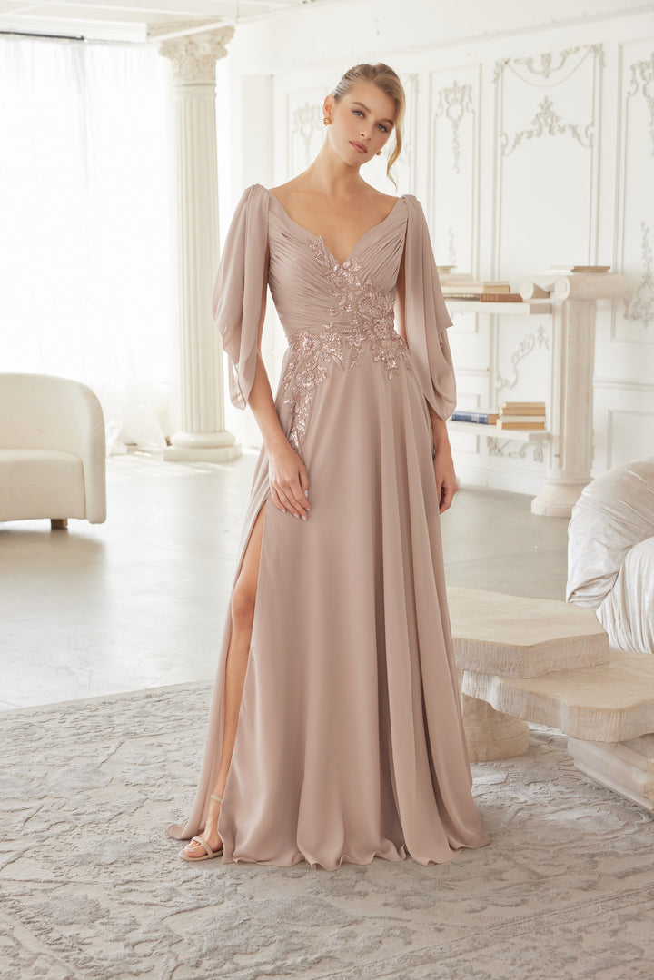 Chiffon 3/4 Sleeve A-line Slit Gown by Nox Anabel ME151