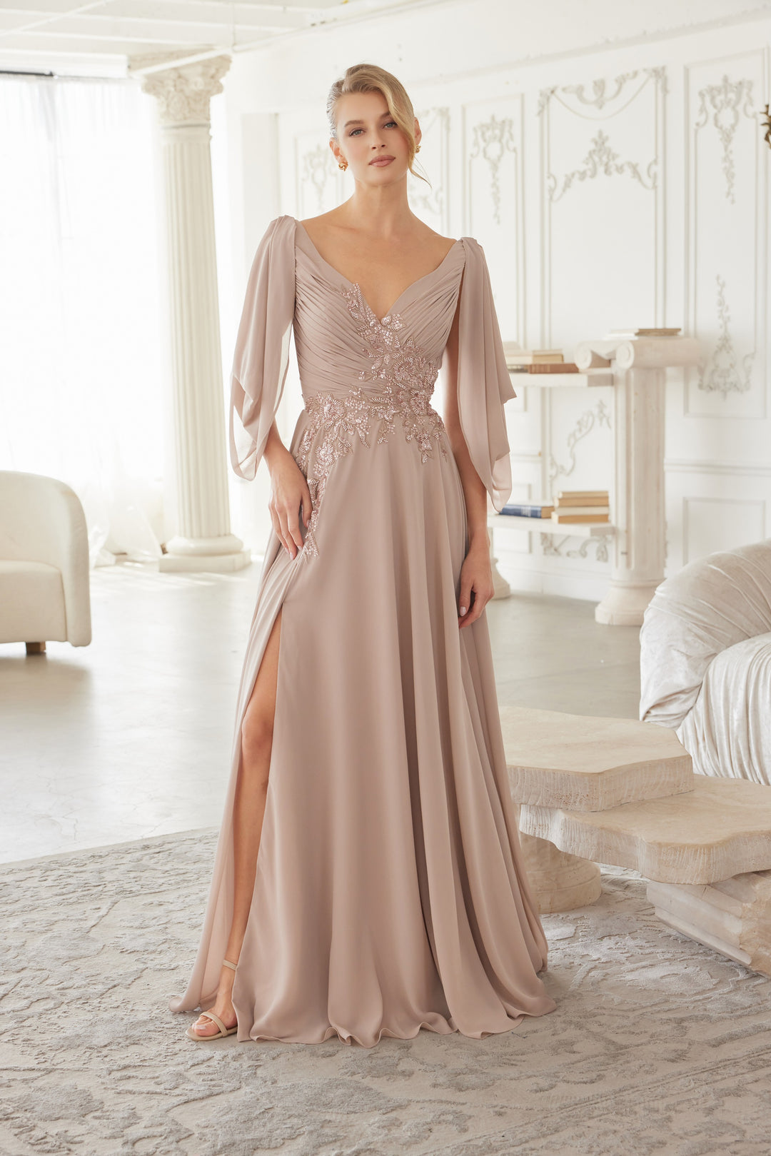 chiffon 3/4 sleeve dress Nox Anabel MF103 Chiffon Sequin V-Neck 3/4 Sleeves Dress