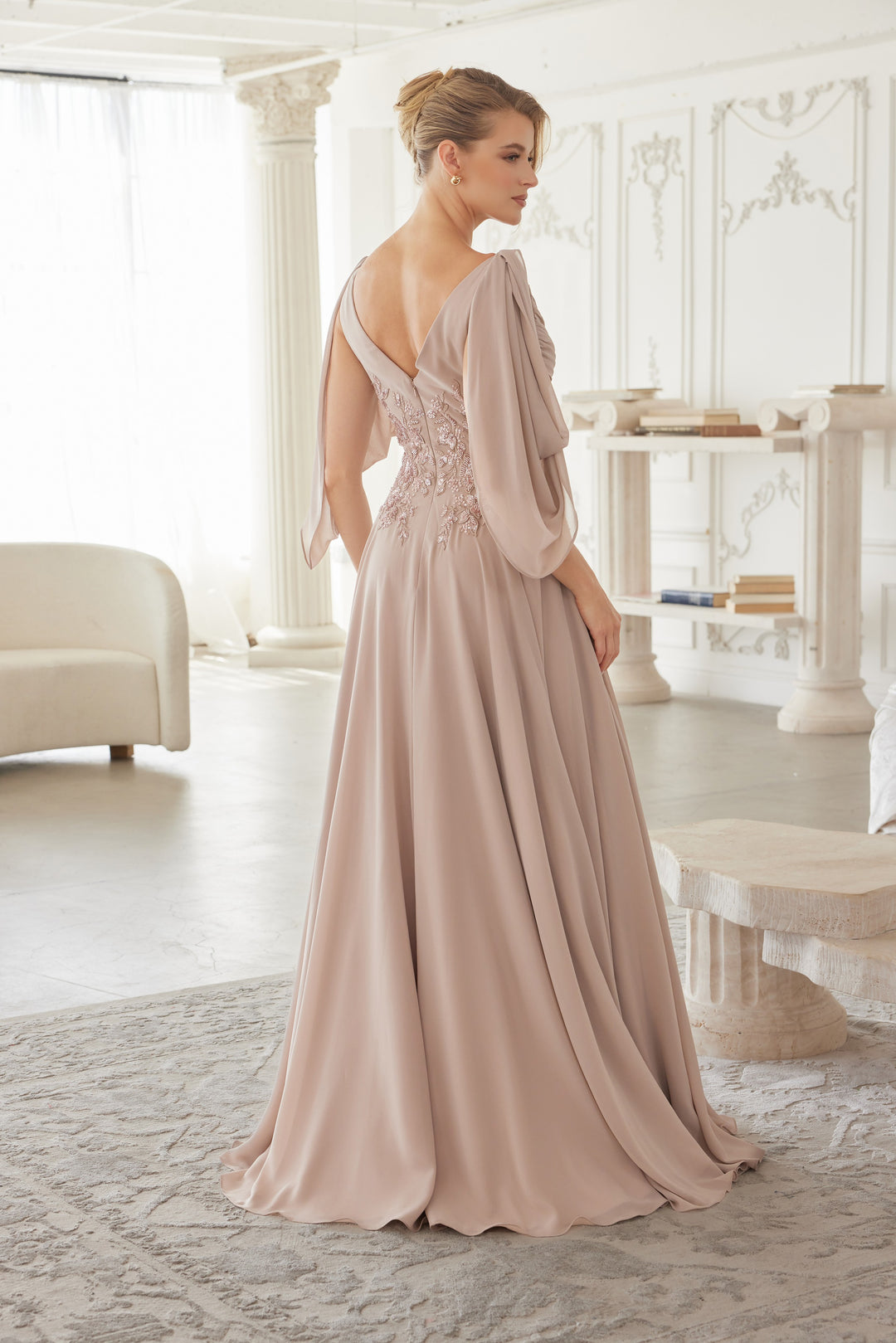 Chiffon 3/4 Sleeve A-line Slit Gown by Nox Anabel ME151