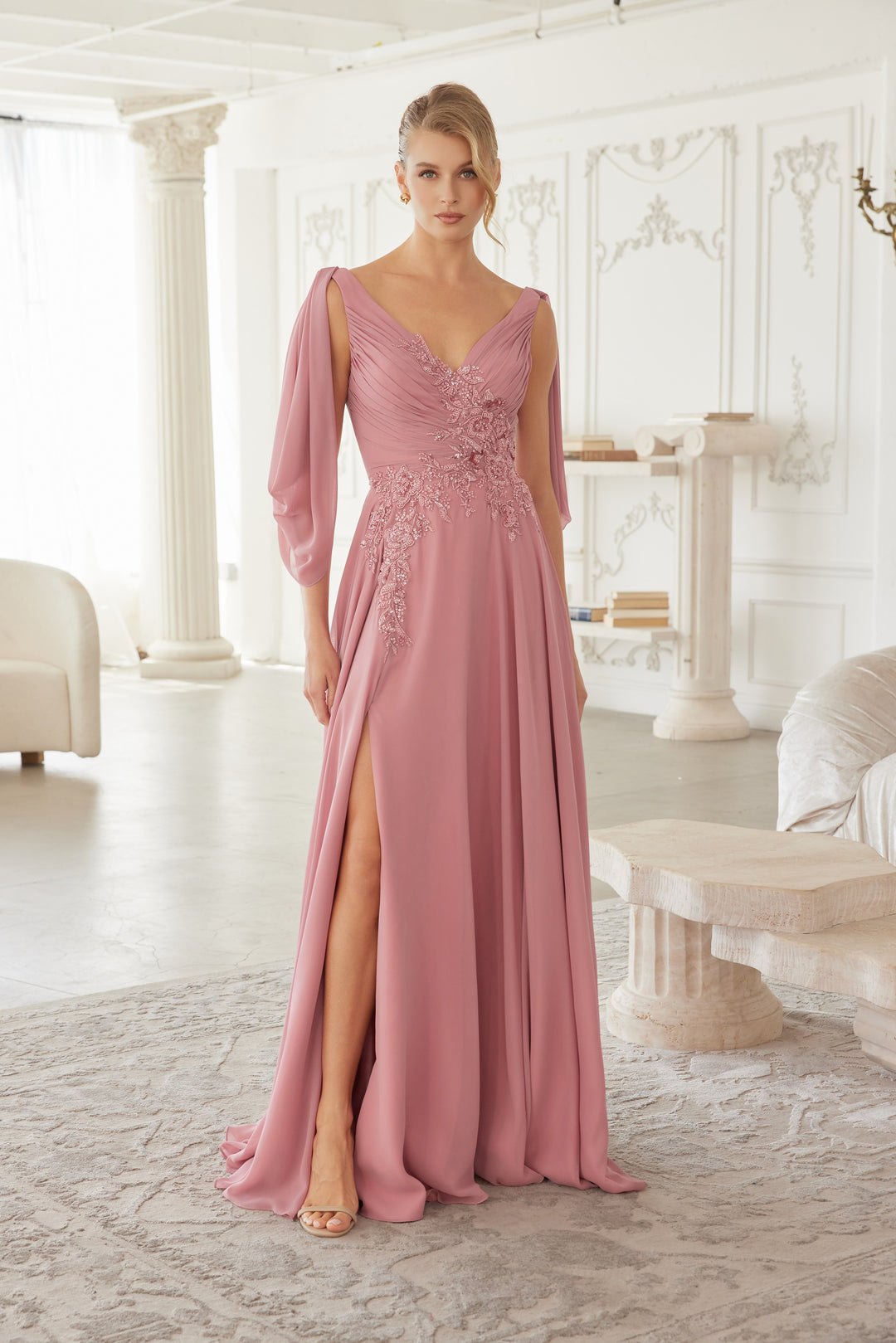 Chiffon 3/4 Sleeve A-line Slit Gown by Nox Anabel ME151